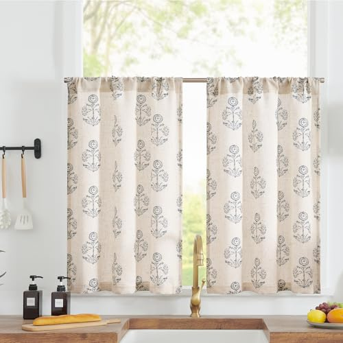 TOPICK Floral Küchengardinen Schiebevorhänge Lichtdurchlässig Kurze Fenster Vorhänge modern Bauernhaus Leinenoptik Kleine Fenster Bistrogardine für Wohnzimmer Küche 65B x 90H(cm) 2 Platten Blau