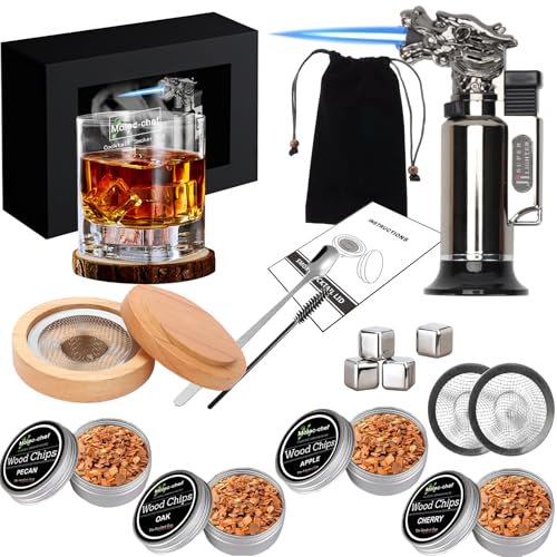 Kit per Affumicatore da Cocktail con Torcia, Mini Affumicatore Cocktail Set con 4 Gusti Tucioli di Legno e 4 Cubetti di Ghiaccio, Kit per Fumatori di Bevande per Whisky, Bevande, Bourbon, Bistecche