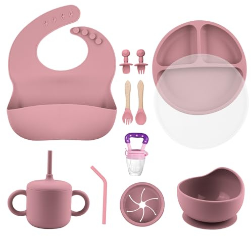 SHGUMITE Baby Weaning Set - Baby Feeding Set with Suction Bowl, Plates, Bib & Spoons, Baby Gift for Toddlers, Baby Weaning Essentials & Baby Gifts (Pink)