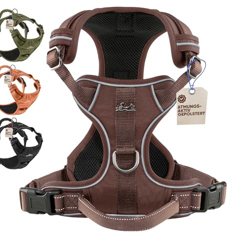 FREUDENTIER Hundegeschirr mit Griff, atmungsaktiv gepolstert - Bombenfester Sitz & maximale Sicherheit - Anti Zug Hundegeschirr kleine, mittelgroße & Grosse Hunde - Hunde Geschirr (Braun,S)