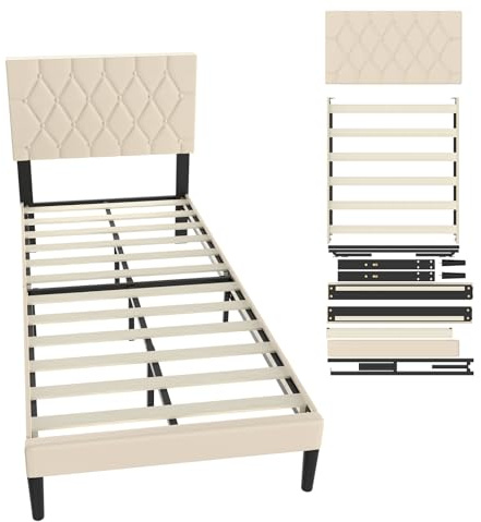 UISEBRT Letto imbottito 90 x 200 cm, telaio letto con bottoni, struttura piattaforma con testiera imbottita in similpelle, supporto a doghe in legno, letto matrimoniale per adulti, design moderno