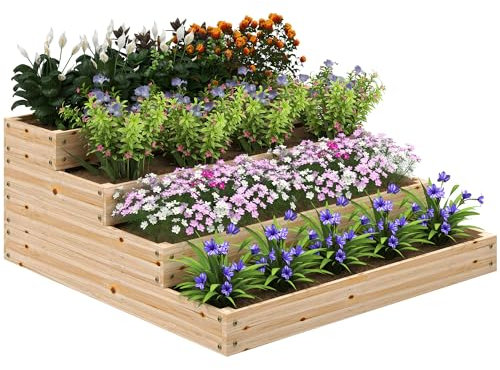 Outsunny Huerto Cuadrado, Jardinera de Madera Maciza, Jardinera elevada, sin Fondo, 4 Niveles, para Hierbas hortalizas Frutas Flores, 113 x 113 x 46 cm, Madera Natural