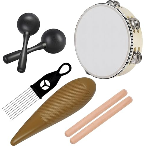 MOONBACK Tambourine for Adults Church 8 Inch, Guiro Instrument, Maracas Shaker Rattles And Wood Rhythm Sticks Kit, Great Percussion Instrument for Live Performance and Band Accompaniment