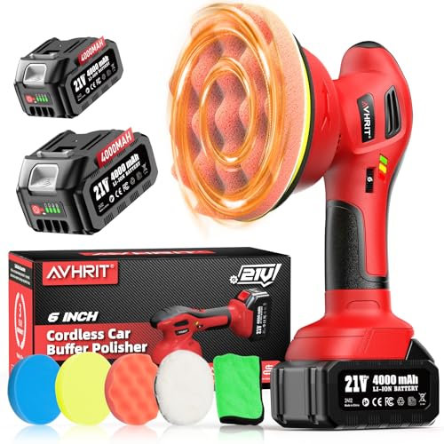 Avhrit Lucidatrice Auto Senza Fili 2025, 2x21V da 4000 mAh (Fino A 6000 Giri/Min), Lucidatrice Per Auto Da 6, Lucidatrice per Carrozzeria, Ideale Per Lucidatura, Ceratura E Detailing Dell’Auto