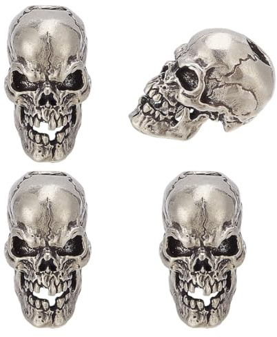 PH PandaHall Knife Lanyard Skull Head Beads, 4pcs Vintage Retro Skull Spacer Beads Metal Brass European Bead Charms Punk Style Bead with 5.5mm Large Hole for Men Lanyard Keychain, Antique Silver