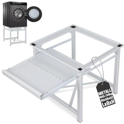 Stahl Untergestell für Waschmaschine Trocknersockel Podest mit Ausziehbare Ablage - 60x56x52 cm - bis 150kg - Rutschfesten Waschmaschinesockel Erhöhung zum Kühlschrank Trockner
