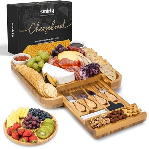 Juego de tabla de queso SMIRLY: juego de tabla para charcutería, juego de tabla de queso de bambú - regalos para inauguración de casa, nuevo hogar, regalos de boda para pareja, regalo para despedida