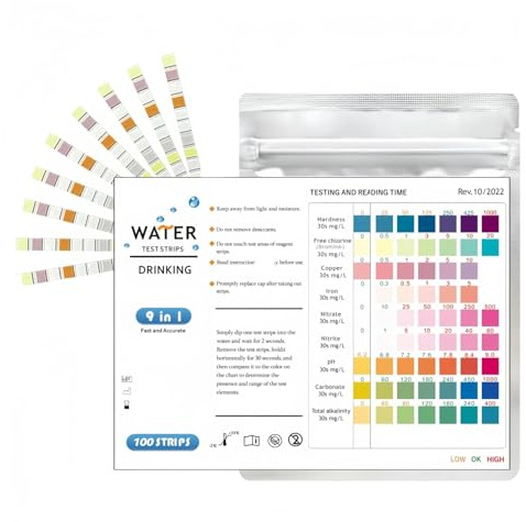 Lot de 100 Bandelettes Test Eau Aquarium 9 en 1, Kit Test Aquarium Eau Douce et Eau Salée, Test Nitrite Nitrate pH GH KH Chlore Cuivre Fer avec Tube et Thermomètre