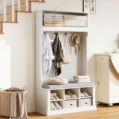 Aptliton Coat Rack with Shoe Storage, Hallway Storage Unit with Top Shelf, 4 Hooks, Cushioned Shoe Bench, and Open Cubbies, Freestanding Hall Tree for Hallway, Entryway, White, 170 x 100 x 40 cm