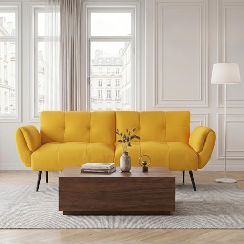 JIEXI Sofá Cama de Tela Moderna de 2 plazas, sofá futón Convertible con 3 ángulos Ajustables, sofá de salón de 173 cm para Sala de Estar, Cama de Invitados con Patas de Madera, Amarillo