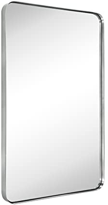 GRACTO 20x30 inch Brushed Nickel Stainless Steel Metal Framed Bathroom Mirror for Wall Mounted Rounded Rectangular Bathroom Vanity Mirror