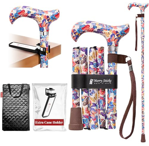 Merry Sticks, bastón Plegable Ajustable de diseño, Mariposas(2), Incluye una práctica Bolsa para su bastón y un Soporte para Bastones Reflectante Inteligente