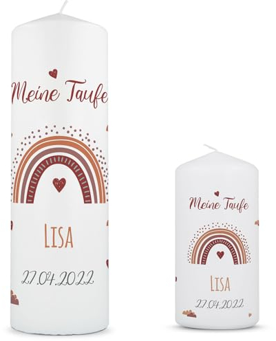 GRAVURZEILE Bedruckte Kerze - Taufkerze Regenbogen - brilliant bedruckte Kerze zur Taufe - Personalisiertes Taufgeschenk für Mädchen & Jungen - Hochwertige Stumpenkerze 250/80 mm - Farbe: Rot Set