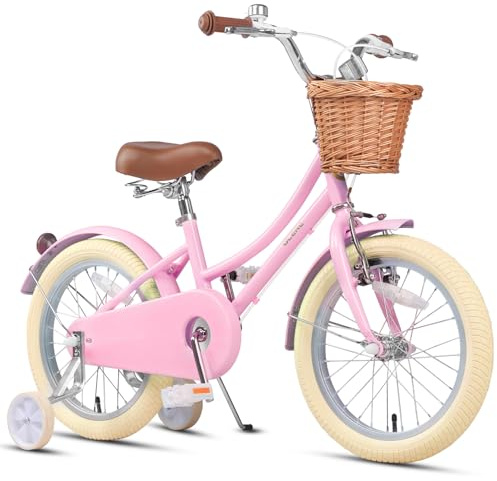 Glerc 16 Inch Kids Girls Bike for 4 5 6 7 8 Years Old Little Girls Retro Vintage Style Bicycles with Basket,Stabilisers and Bell, Color Pink