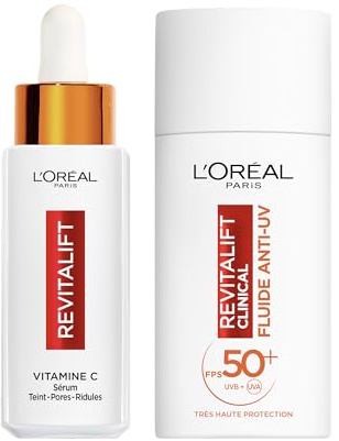 L’Oréal Paris - Coffret Routine Visage Anti-Âge à la Vitamine C - Sérum 12% Vitamine C Pure & Fluide Solaire Anti-UV FPS 50+ - Anti Rides - Revitalift Clinical
