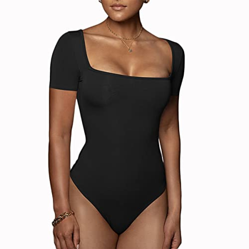 Buliezy Kroppsdräkt för kvinnor kortärmad fyrkantig stretch halsband basic bodysuit jumpsuit sexig smal passform body, svart, L