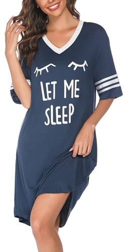 Vlazom Women's Nightdresses Soft Boyfriend V Neck Sleep Shirt Short Sleeves Nightshirt Oversized Nightgown Loungwear Sleepwear, Y-Cobalt Blue, XXL