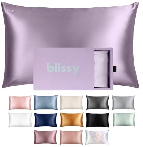 BLISSY Blissy Silk Pillowcase - 100% Pure Mulberry Silk - 22 Momme 6A High-Grade Fibers - Satin Pillow Cover for Hair & Skin - Regular, Queen & King with Hidden Zipper (Queen, Lavender)