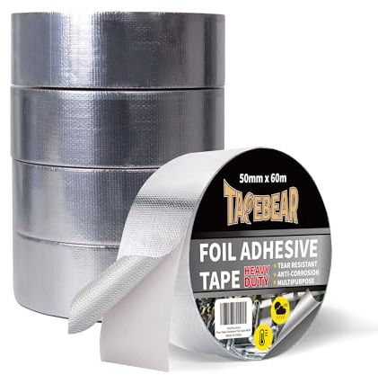TAPEBEAR Glass Fiber Cloth Aluminum Foil Tape, Professional Insulation | High Temperature Duct Tape, Withstand 80°C to 100°C, Reinforced, for HVAC, Repair, Pipe Sealing, 2inch x 65yard, 5 Rolls