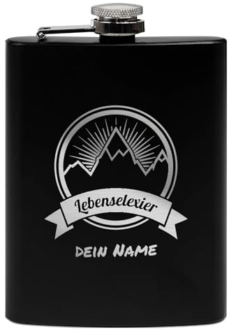 PR Print Royal Flachmann mit Gravur aus Edelstahl selbst gestalten - Lebenselexier - mit Name gravieren - Geschenk Wandern Skifahren - Praktische Taschengröße | Schwarz, 226 ml