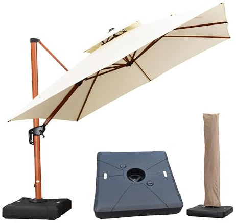 PURPLE LEAF Parasol Déporté 3 x 3 m Carré avec pieds, Aspect du Teck en Aluminium, Parasol de Jardin Extérieur à Toit Double Rotatif 360°, Pour Terrasses, Piscines, Restaurants, Crème