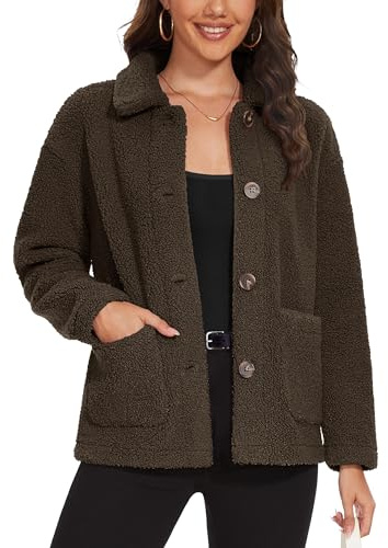 MAGCOMSEN Woman Sherpa Jackets Long Sleeve Casual Shacket Fall Winter Button Down Coat Fuzzy Outwear with Pockets, Brown, XL