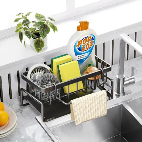 TOKPLNU Sink Caddy Kitchen Sink Organiser, Metal Sponge Holder with Self Drain Tray& Dishcloth Hanger,Washing Up Sinkware Organizer for Bathroom Accessories,Black