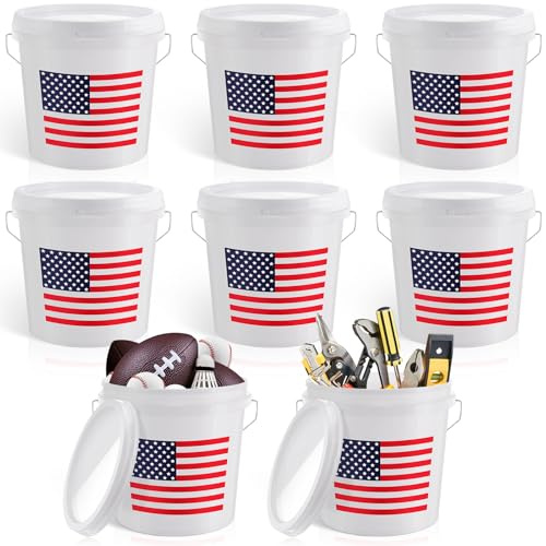 Threehoney 6 Pcs 2 Gallon Plastic Bucket with Lid and Handle, Large White Heavy Duty Bucket with American Flag for Home Gardening Tools Household Cleaning Baseballs Storage Container