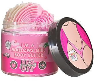 Mallows Beauty Shea Body Butter, with Essential Oils, Vitamin A, Vitamin E, and Shea Butter, Gently Exfoliates and Brightens Skin, Vegan, 180g (Mallows Girl)
