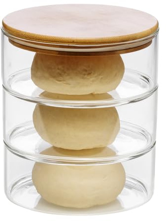 Forneza Gärglas Sauerteig Starter Set für Pizza- und Brothefe I 3-Kammer-Lebensmittelbehälter für Teig I Behälter für Pizzateig mit Holz Deckel I Pizzateigbehälter