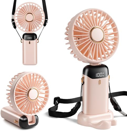 Pulselala Ventilador Mini Portátil, Recargable Tipo-C, con Batería 4000mAh, Pantalla Digital, Plegable 90°, 5 Velocidades, 3 en 1 (Mano/Cuello/Mesa) – Ideal para Maquillaje o Uso Diario (Rosa cereza)