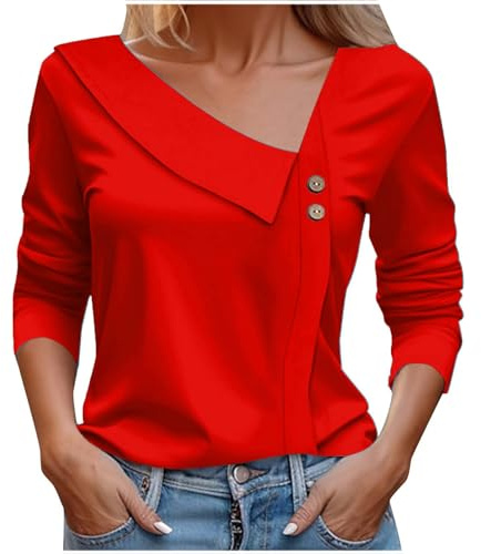 Cocila T-Shirt Court pour Femme avec col en V, Manches Longues, Boutons décoratifs et Coupe Moderne, Travail décontracté Tendance – Haut élégant et Confortable pour Toutes Les Occasions