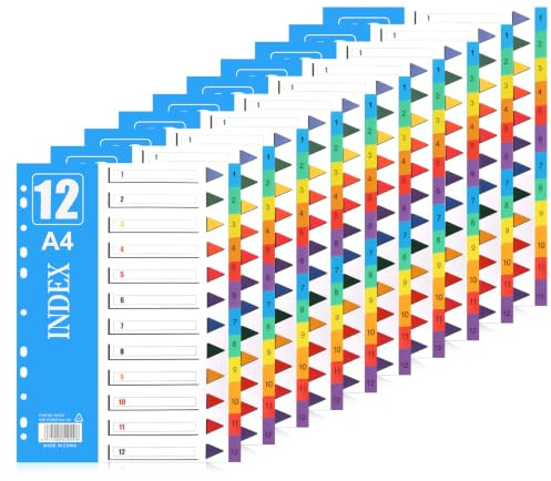 Newthinking File Dividers A4, 1-12 Part Multi-Colour Folder Subject Index Plastic Dividers with 11-Holes for A4 Lever Arch Files Binders, 10 Pack