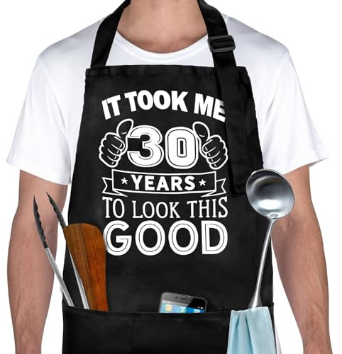 30th Birthday Gifts For Men Women, Black Apron With 3 Pockets, Funny 30th Birthday Gift Ideas, Adjustable Bbq Apron For Men Women, Waterproof Kitchen Apron For Grilling, Cooking