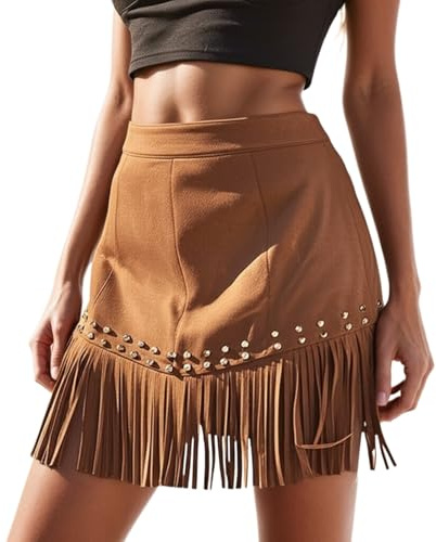 Jupe Courte Femme à Franges, Jupe à Rivets Style Urbain, Polyvalente pour Tous Les Jours, Facile à Associer avec Tees(Brown, M)