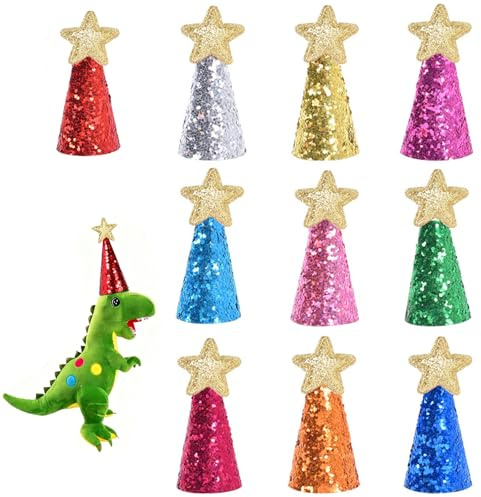 ENAESLOT 10 PCS Mini Party Hats For Toy Animals,Artificial Leather Shining Star Tiny Birthday Hats,Birthday Parties Hat for Doll Parties Decor Accessories