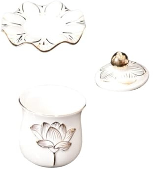 LOLIPPYY Coppa per Offerte d Acqua Buddista in Porcellana con Fiore di Loto Resistente e Decorativa per Tempio e Casa con Vassoio e Coperchio Eleganti per Meditazione e Culto