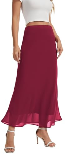 BEIGAI Falda larga y elegante para mujer, cintura elástica, falda maxi de gasa fluida, ligera, acampanada, informal, para verano, fiesta, moda, borgoña, XXL
