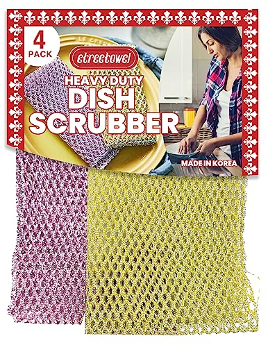 Heavy Duty Dish Scrubber (4PCs) Non Scratch Scourer Cloth Pads and Pot Scrubbers Netted Wash - Replace Kitchen Sponges for Dishwashing No Odor dishwash Durable Pan Cleaner (4 Pack)