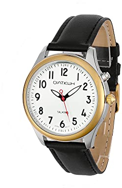 QIATKWH Deutsch sprechende Uhr,Gold und Silber Doppelfarbschale, schwarzes Lederarmband, Damenstil
