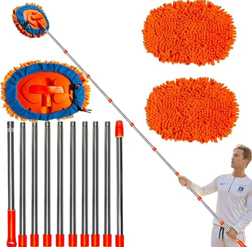 20ft High Reach Wall Duster - Chenille Microfiber Cleaning Head Mop with 3-14ft Spliceable Pole | Wall & Ceiling Cleaner for Home, Car & Roof | Washable Cloth