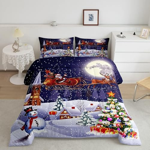 Tabeskly Kids Boy Girl Christmas Xmas Santa Claus Gifts Soft Zipper Bed Bedding Duvet Cover Set Single White Black 135×200cm