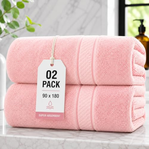 ZZZMRH 2 Pack Jumbo Bath Sheets 90 x 180 cm, 100% Combed Cotton Extra Large Bath Towel Bale for Adults, Super Soft Thick Highly Absorbent Quick Dry Hotel Quality Towels – Pink