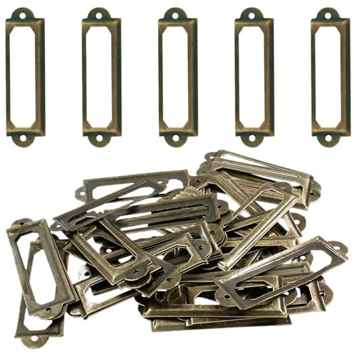 Étiquette de Nom, 50 pièces Porte Etiquette Metal, Bronze Rétro Cadre, Métal Bronze Rétro Vintage Carte, Porte Poignée Cadre Nominative de Tiroir de Classeur Office Décoration