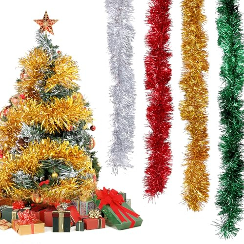 RAYITO 8pc 16M Christmas Tinsel Garland, Red, Green, Gold, Silver Tinsel Ribbon, Bendable, Multi-color, Thickened Design, DIY, Indoor/Outdoor Decorations