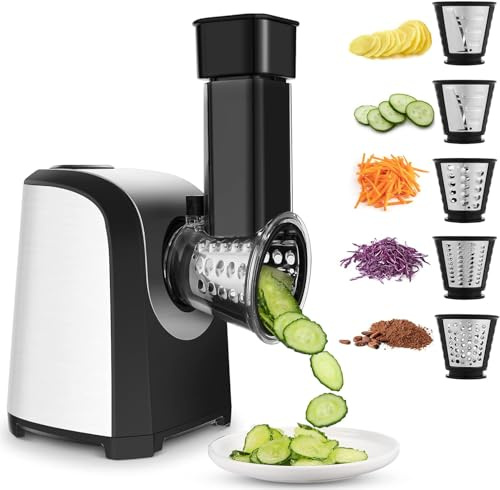 Coupe-légumes électrique 150W professionnel, 5 en 1 Râpe à légumes avec 5 lames multifonctionnelle pour fromage, fruits et légumes