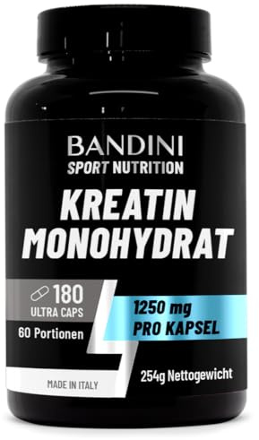 Bandini® Kreatinmonohydrat 180 kapslar, 3000mg per portion - Högdos, Vegan | Kreatin Monohydrat för Pre Workout och Gym - 100% rent Creatine Monohydrate, mikroniserat kreatinkapslar med kreatinpulver