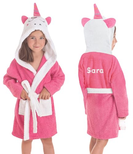 Accappatoio per bambini personalizzato con nome - 100% cotone con cappuccio - vestaglia da bagno per bambini e ragazze, regalo originale per compleanno, piscina e spiaggia. REGALI TPMAS, Unicorno, 2