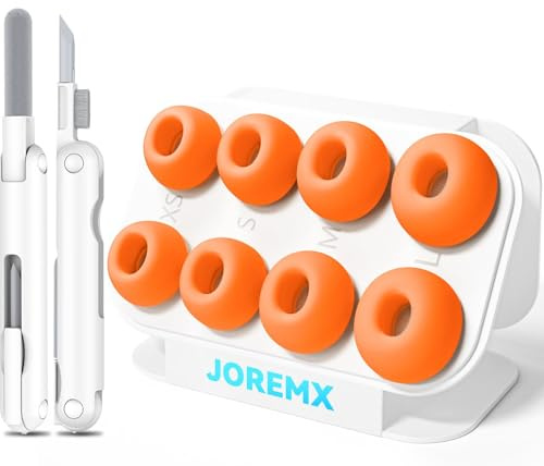 Joremx 4 Paar Ersatz-Ohrstöpsel für AirPods Pro 2 Aufsätze,Silikontips für Air Pods Pro 1st/2nd,mit Loch zur Geräuschreduzierung und Staubdichtes Netz,mit Reinigungsset&Aufnahmeboxr(XS/S/M/L-Orange)