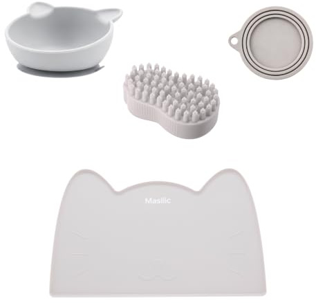 Set pour Chat avec Brosse en Silicone, gamelle, Tapis et Couvercle, Gris | Accessoires en silicone pour chiens et chats, résistants, souples, faciles d'entretien, de haute qualité, polyvalents